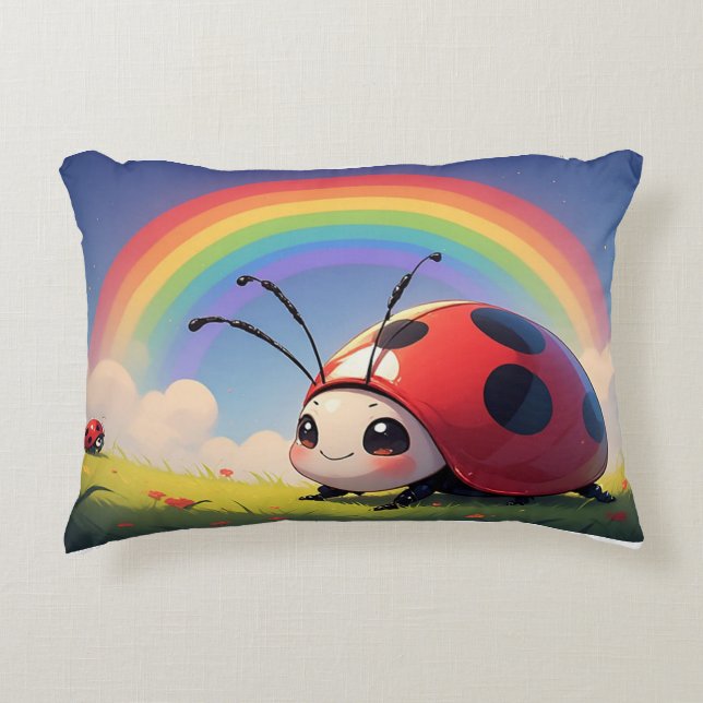 Whimsical Ladybug Rainbow Cute Bug Illustration Decorative Cushion (Front)