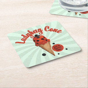Whimsical Ladybug Retro Ice Cream Art Square Paper Coaster