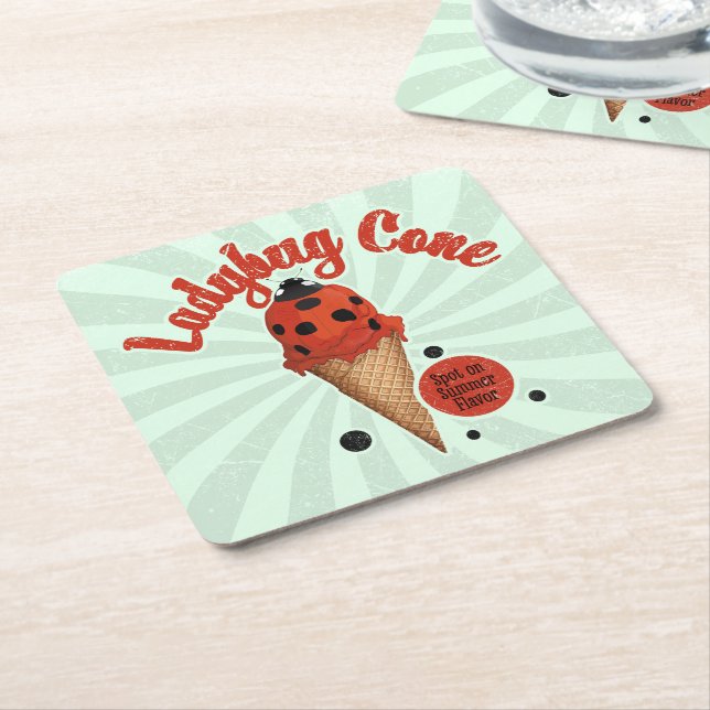 Whimsical Ladybug | Retro Ice Cream Art Square Paper Coaster (Angled)