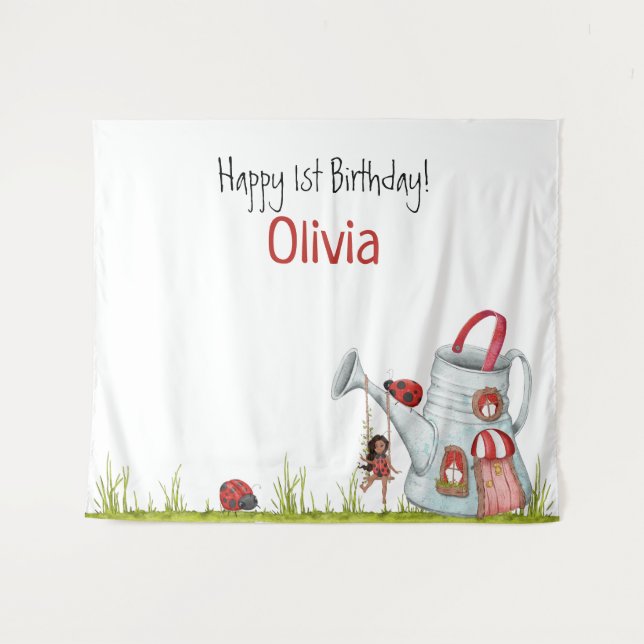 Whimsical LadyBug Swing Garden House 1st Birthday Tapestry (Front (Horizontal))