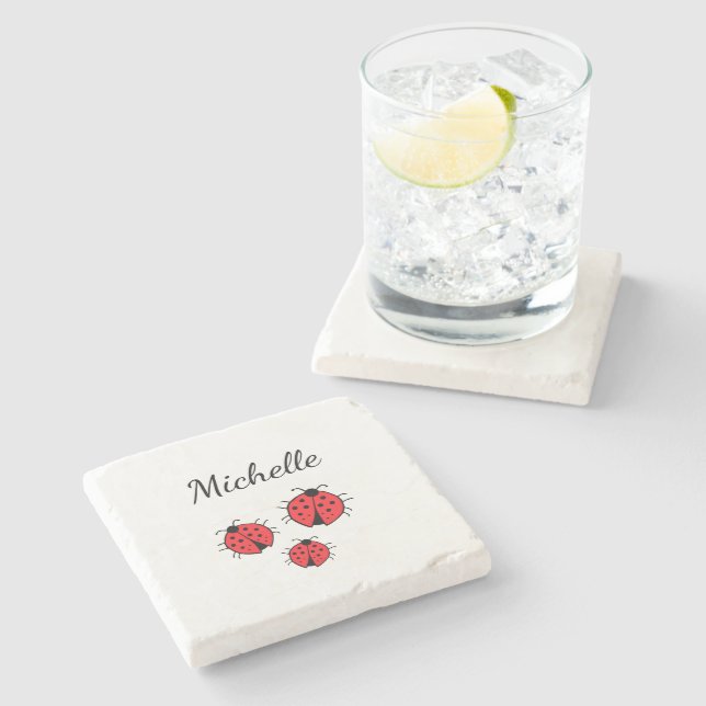 Whimsical Ladybugs Illustration Cute Personalised  Stone Coaster (Side)
