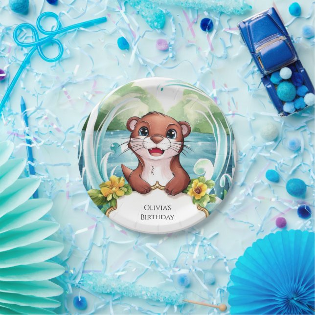 Whimsical Lake Otter Birthday Paper Plate (Party)