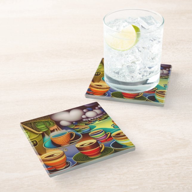 Whimsical Land of Coffee Cups  Glass Coaster (Angled)