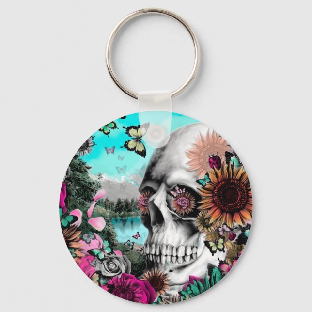 Whimsical Landscape skull with florals Key Ring (Front)