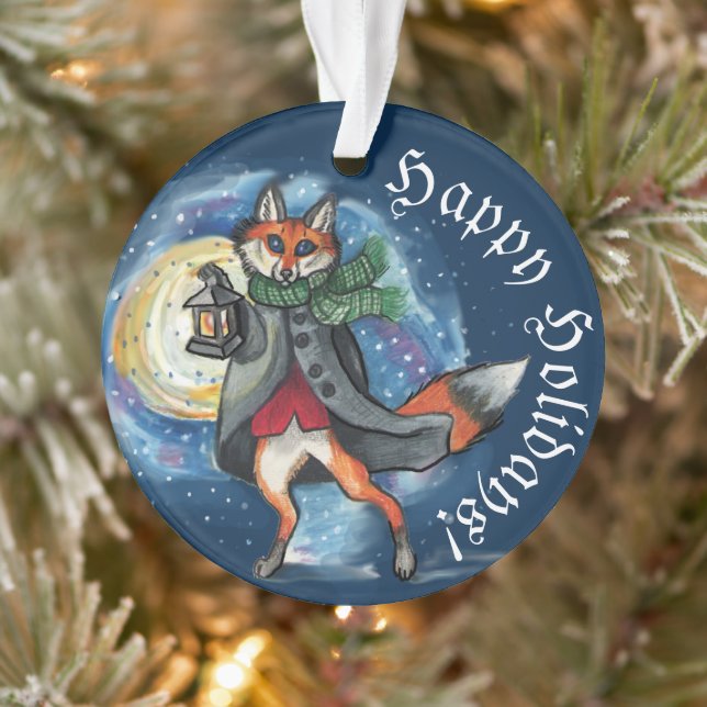 Whimsical Lantern Fox in the Snow-Holiday Ornament (Tree)