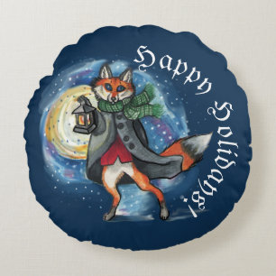 Whimsical Lantern Fox in the Snow-Holiday Round Cushion