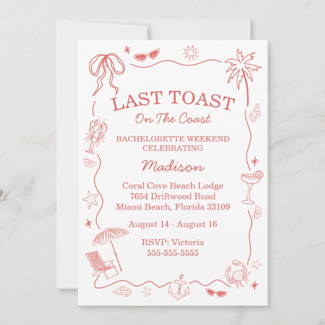 Whimsical Last Toast On The Coast Coral Invitation (Front)