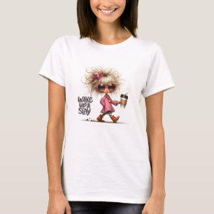Whimsical Latte Girl Wake Up & Slay Motivational T-Shirt