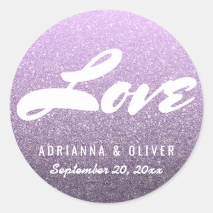 Whimsical Lavender Glitter Wedding Love Typography Classic Round Sticker