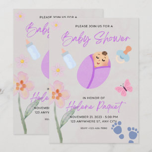 Whimsical Lavender Watercolor Baby Shower Invitati Invitation