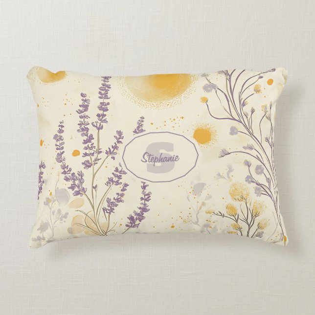 Whimsical Lavender & Yellow Floral Pattern Decorative Cushion (Front)