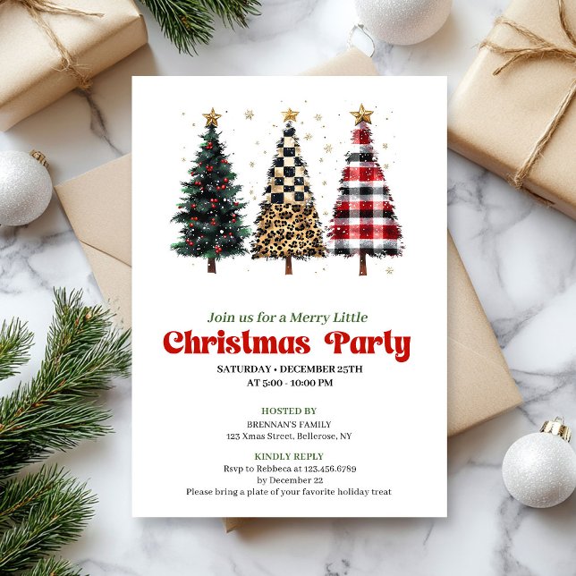 Whimsical leopard and gold Christmas tree invite (Whimsical leopard and gold Christmas tree invitation)