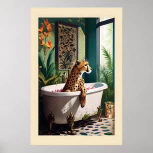 Whimsical Leopard in Bathtub Art Watercolor Print