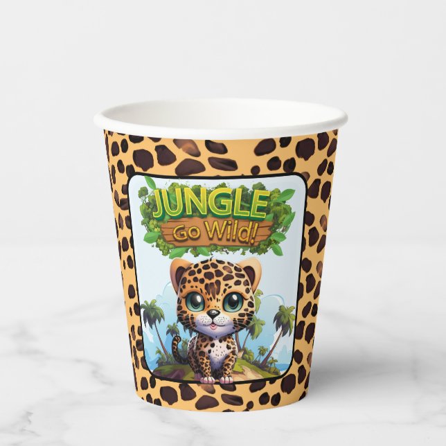Whimsical Leopard Zoo Animal Cat Jungle GO WILD 🐆 Paper Cups (Front)