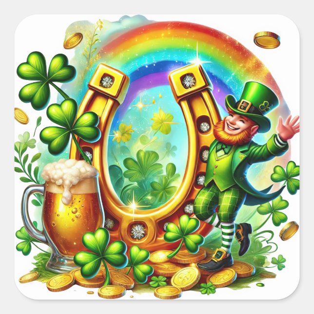 Whimsical Leprechaun Horseshoe Clover Illustration Square Sticker (Front)