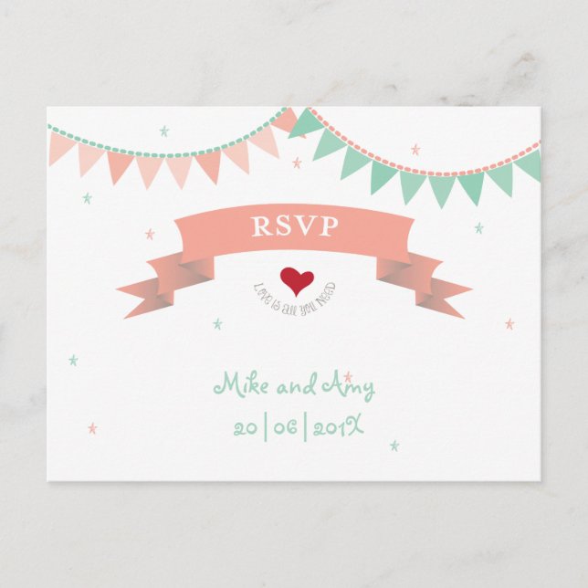 Whimsical Lib Bunting Wedding RSVP Invitation Postcard (Front)