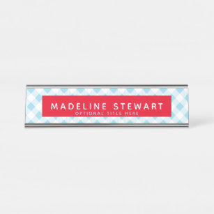 Whimsical Light Blue Gingham Red Personalised Desk Name Plate