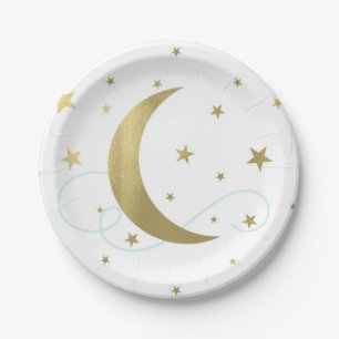 Whimsical Light Blue & Gold Moon Stars Baby Shower Paper Plate