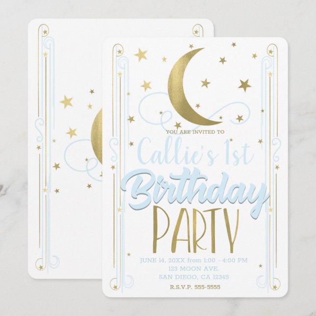Whimsical Light Blue Gold Moon Stars Birthday Invitation (Front/Back)