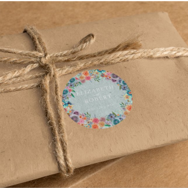 Whimsical Light Blue Wildflower Watercolor Wedding Classic Round Sticker (Creator Uploaded)