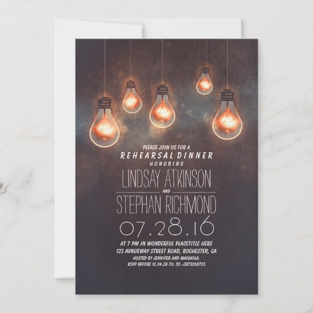 whimsical light bulbs romantic rehearsal dinner invitation (Front)