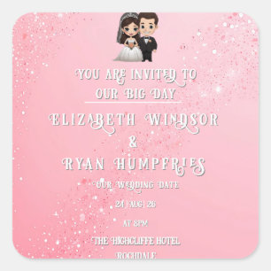 "Whimsical Light Pink Wedding Invitations Sparkles Square Sticker