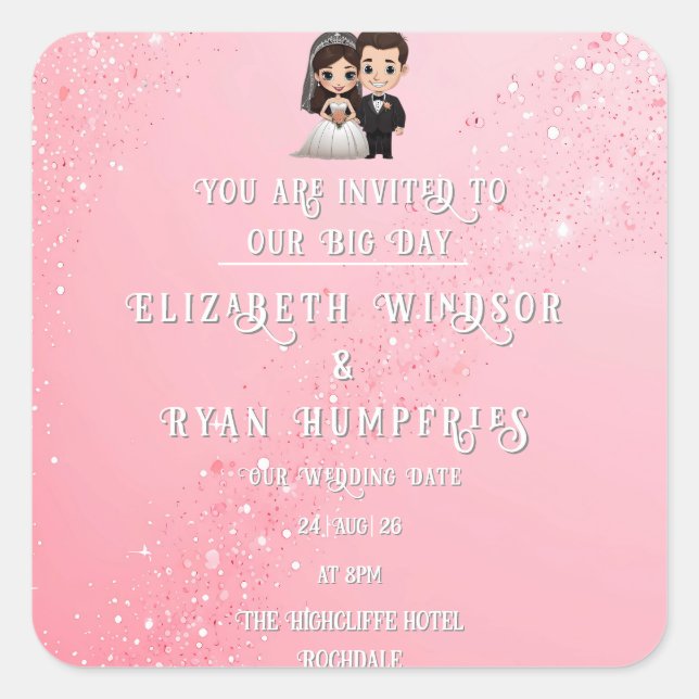 "Whimsical Light Pink Wedding Invitations Sparkles Square Sticker (Front)