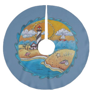 Whimsical Lighthouse Beach Scene Coastal Folk Art Brushed Polyester Tree Skirt