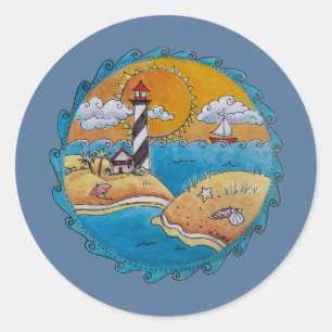 Whimsical Lighthouse Beach Scene Coastal Folk Art  Classic Round Sticker