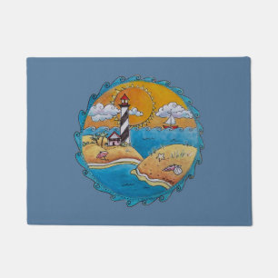 Whimsical Lighthouse Beach Scene Coastal Folk Art Doormat