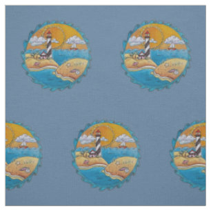 Whimsical Lighthouse Beach Scene Coastal Folk Art Fabric