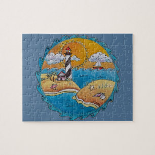 Whimsical Lighthouse Beach Scene Coastal Folk Art Jigsaw Puzzle