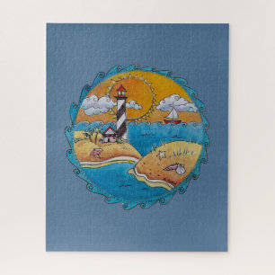 Whimsical Lighthouse Beach Scene Coastal Folk Art Jigsaw Puzzle