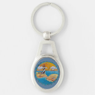 Whimsical Lighthouse Beach Scene Coastal Folk Art Key Ring