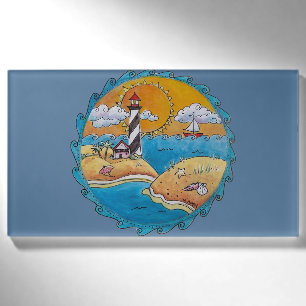 Whimsical Lighthouse Beach Scene Coastal Folk Art Name Tag
