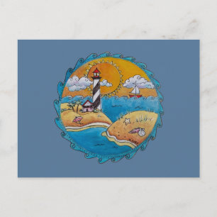 Whimsical Lighthouse Beach Scene Coastal Folk Art Postcard