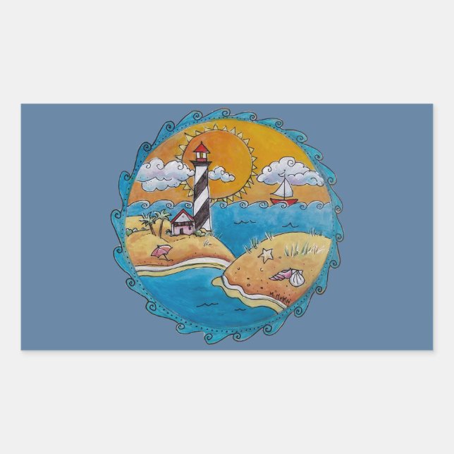 Whimsical Lighthouse Beach Scene Coastal Folk Art  Rectangular Sticker (Front)