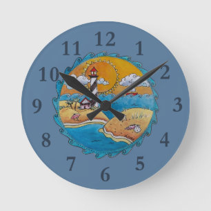 Whimsical Lighthouse Beach Scene Coastal Folk Art Round Clock