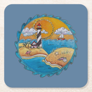 Whimsical Lighthouse Beach Scene Coastal Folk Art Square Paper Coaster
