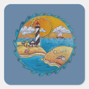Whimsical Lighthouse Beach Scene Coastal Folk Art Square Sticker