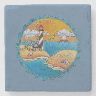 Whimsical Lighthouse Beach Scene Coastal Folk Art Stone Coaster