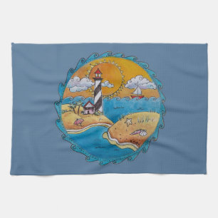Whimsical Lighthouse Beach Scene Coastal Folk Art  Tea Towel