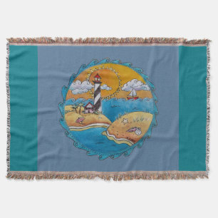 Whimsical Lighthouse Beach Scene Coastal Folk Art Throw Blanket