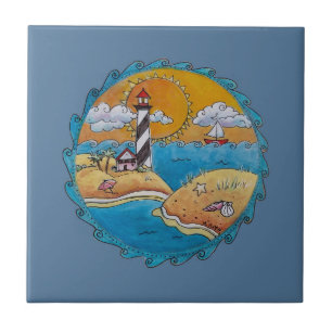 Whimsical Lighthouse Beach Scene Coastal Folk Art Tile