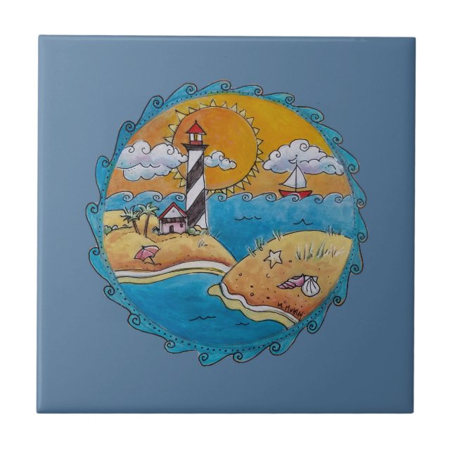 Whimsical Lighthouse Beach Scene Coastal Folk Art  Tile (Front)
