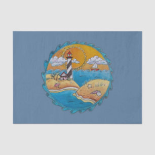 Whimsical Lighthouse Beach Scene Coastal Folk Art Tissue Paper