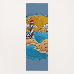 Whimsical Lighthouse Beach Scene Coastal Folk Art Yoga Mat