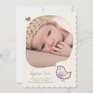 Whimsical Lilac Damask Chick Baby Girl Photo Birth Announcement