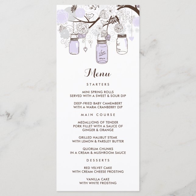 Whimsical Lilac Mason Jars Floral Menu Card (Front)