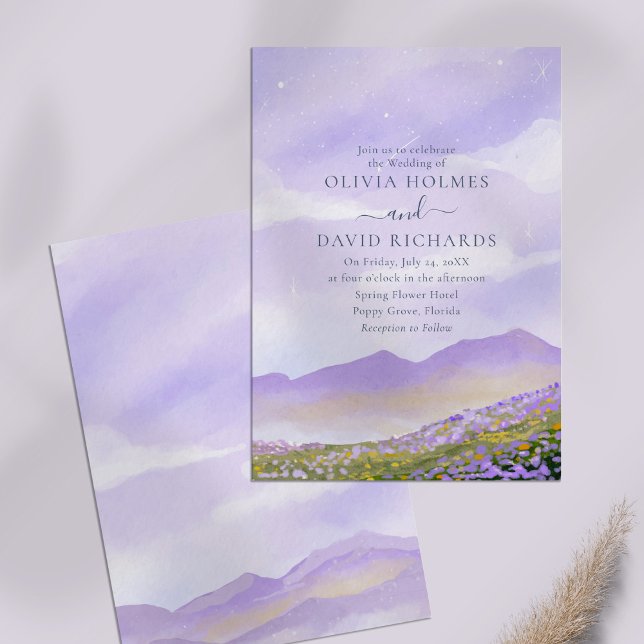 Whimsical Lilac Night Landscape Wedding Invitation (Whimsical Lilac Night Landscape Wedding Invitation on lilac table.)